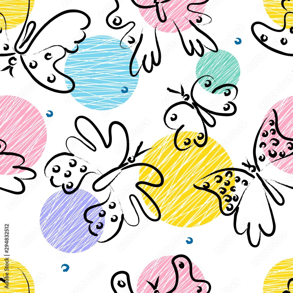 Vector pattern. Hand drawn seamless floral background with butterflies Vector pattern. Hand drawn seamless floral background with butterflies