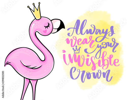 Vector summer card with pink princess flamingo. Cute illustration.