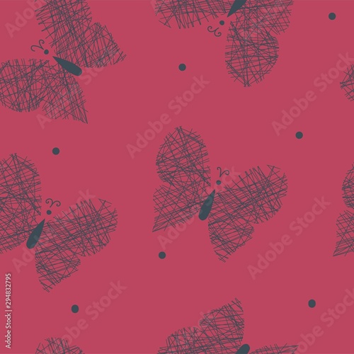 Hand drawn seamless pattern with butterfly on burgundy background  vector illustration