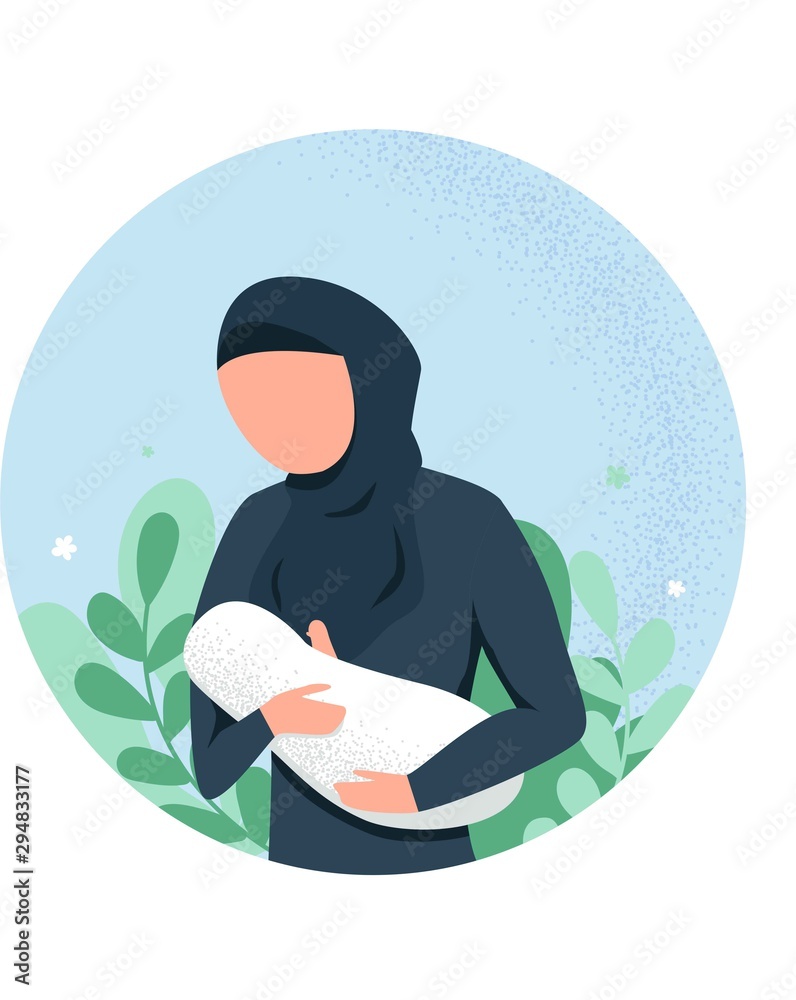 Mother wearing hijab breastfeeding her newborn baby. Lactation. Breast