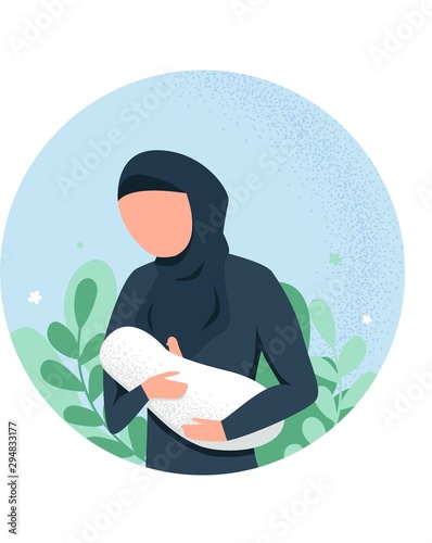 Mother wearing hijab breastfeeding her newborn baby. Lactation. Breast feeding week banner, happy mother day clip art. Child drinks milk from the female breast. Arabisn Muslim Traditional clothes