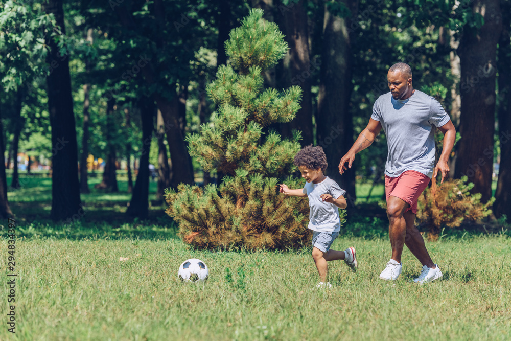 cheerful african american father and son playing football in park Stock ...