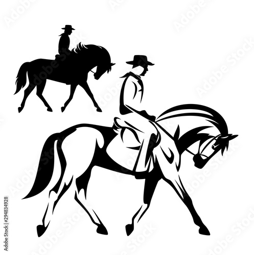 cowboy riding a horse - wild west ranger black and white vector outline and silhouette design set