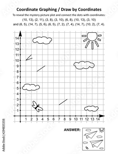 Coordinate graphing, or draw by coordinates, math worksheet with paper aeroplanes: To reveal the mystery picture plot and connect the dots with given coordinates. Answer included.