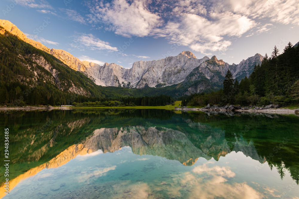 Panoramic View over Fusine Lake in Italy with Julian Alps in Background