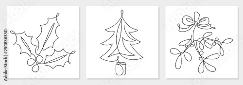 One line drawing Christmas tree, mistletoe, holly berry leaves. Modern continuous line art, aesthetic contour. Xmas symbol for greeting card, prints, poster, sticker, banner, invites. Vector 