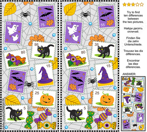 Halloween find ten differences visual puzzle with postage stamps. Answer included.