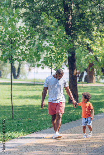 african american father and son holding hands and looking at each other while walking in park
