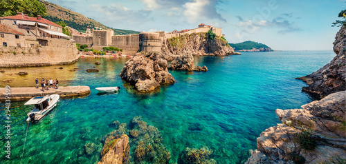 Panoramic morning view of famous Fort Bokar in city of Dubrovnik. Bright summer seascape of Adriatic sea, Croatia, Europe. Beautiful world of Mediterranean countries. Traveling concept background.