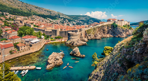 Picturesque morning view of famous Fort Bokar in city of Dubrovnik. Panoramic summer scene of Croatia, Europe. Beautiful world of Mediterranean countries. Architecture traveling background.
