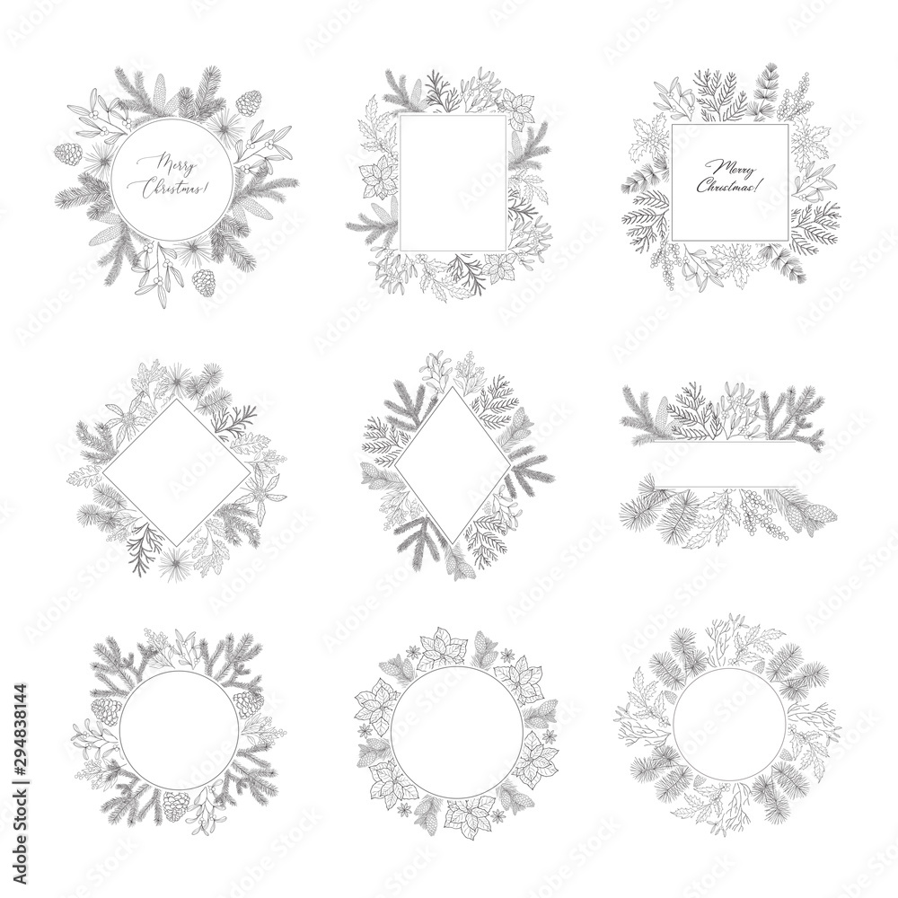Winter frames with evergreen plant and branches. Winter frames with evergreen plant and branches.