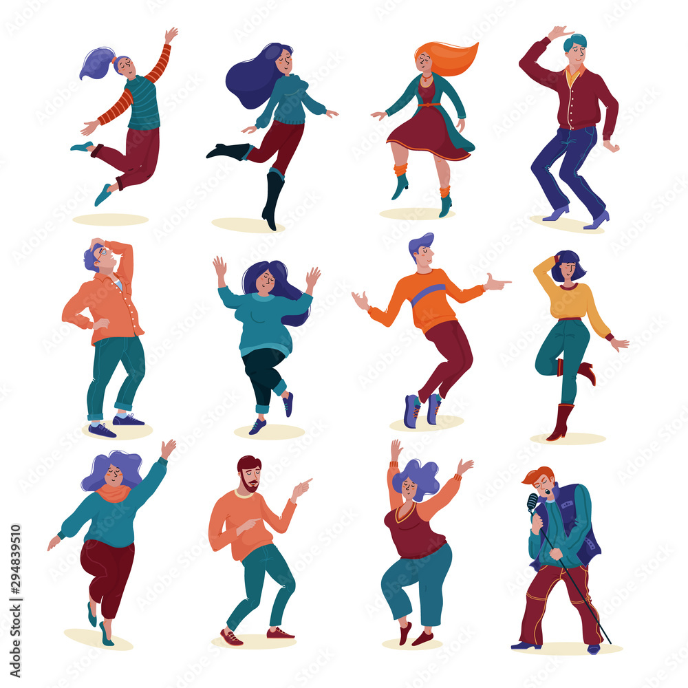 Big set, collection of various people, men and women, slim and chubby dancing and singing happily, flat style vector illustration isolated on white background. Set of dancing people, men and women