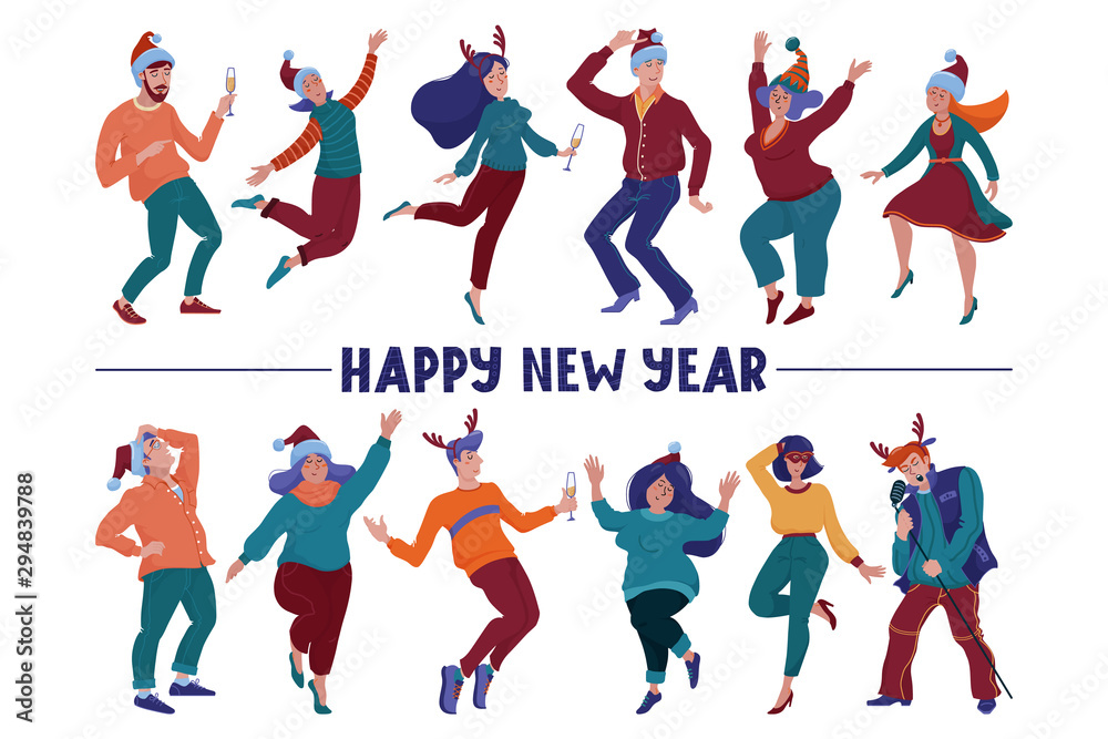 Happy New Year greeting card with text and happy people, men and women, in Christmas hats and horns holding glasses, dancing happily at the party, flat vector illustration isolated on white background