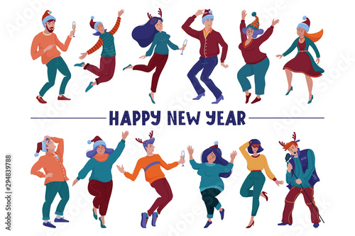 Happy New Year greeting card with text and happy people, men and women, in Christmas hats and horns holding glasses, dancing happily at the party, flat vector illustration isolated on white background