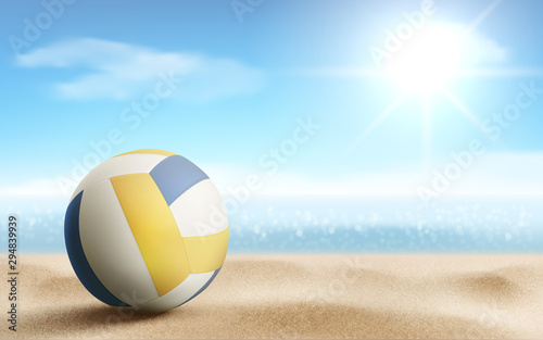 Volleyball ball on sandy beach background, sports accessory, equipment for playing game lying on sea coastline, summer championship or tournament competition Realistic 3d vector illustration, banner