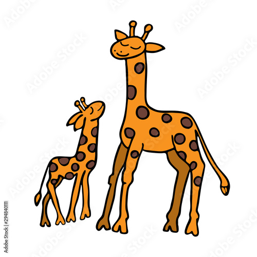 Giraffes mother and cub. Children s illustration. Handwork.