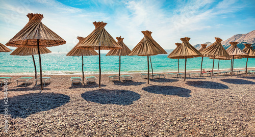 Panoramic morning view of Baska Beach. Bright summer seascape of Adriatic sea  Baska town location  Krk island  Kvarner bay archipelago  Croatia  Europe. Beautiful world of Mediterranean countries.