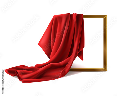 Red silk cloth cover wooden painting frame isolated on white background. Fabric drapery curtain and empty picture or photo border mockup for gallery presentation. Realistic 3d vector illustration