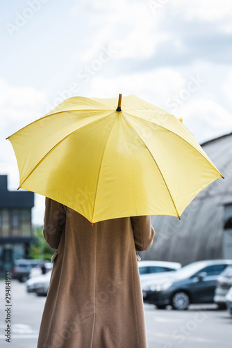 Back view of woman in coat holding yellow umbrella