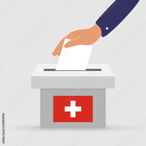 Election concept in Switzerland. Flat hand putting vote bulletin into ballot box with swiss flag icon.