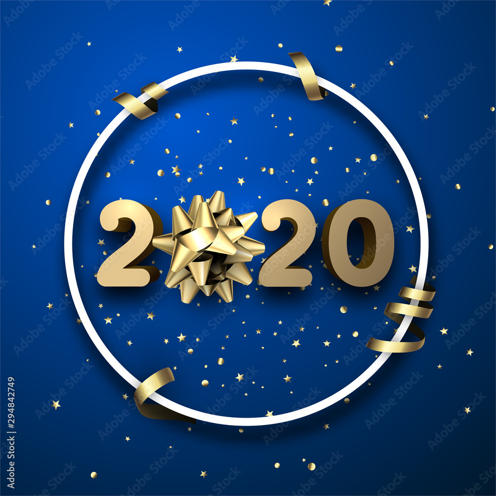Naklejka premium Blue shiny happy New Year background with golden 3d 2020 nubmers and gift bow.