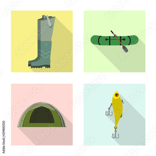 Vector illustration of fish and fishing symbol. Set of fish and equipment stock symbol for web.