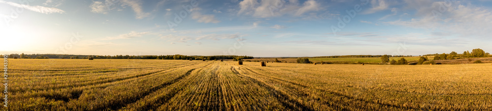 Haystacks on the field in autumn season with cloudy sky. - obrazy, fototapety, plakaty 