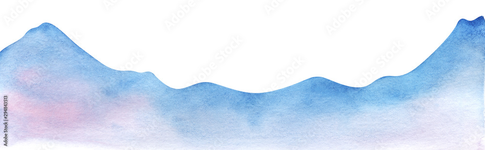 Mountain range silhouette. Watercolor shape of the mountains. Decorative element for page design. Blue mountains with smooth peaks. Gradient from blue to pink. Mountain border. Drawn by hands - obrazy, fototapety, plakaty 