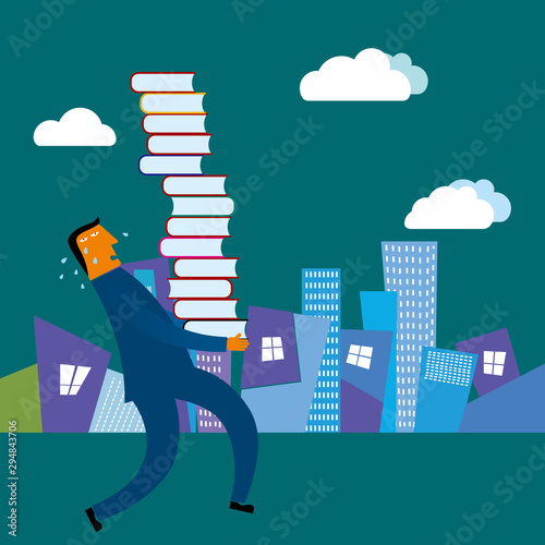 Businessman carrying a lot of books. The background is a city building.