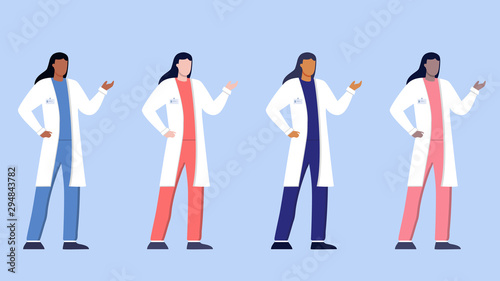 Ethnic feamle doctor or nurse set. Healthcare services, Ask a doctor. Therapists in uniform with stethoscope . Pharmacy. Gynecologist and urologist, medical team concept. Medical clinic staff