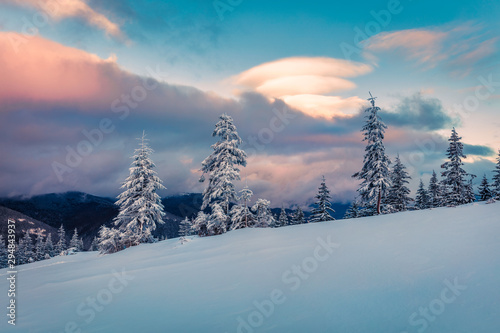 Fantastic winter sunrise in the snowy mountains. Frosty morning scene of Carpathians, Ukraine. Happy New Year celebration concept. Artistic style post processed photo. © Andrew Mayovskyy