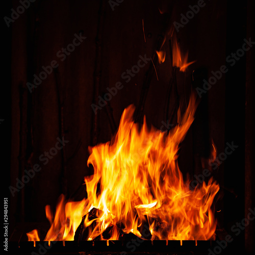 Burning fire at night. Bonfire in the barbecue, fireplace and hearth. © Alex Puhovoy