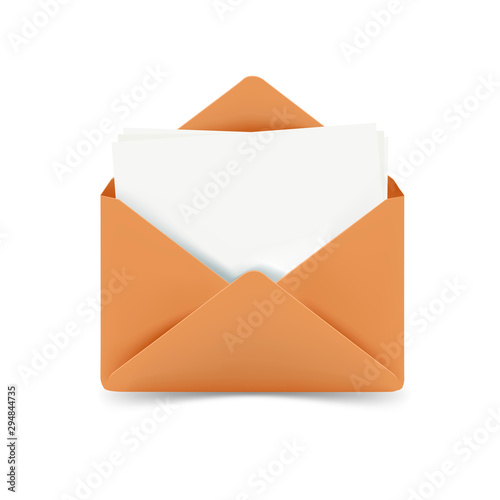 Open envelope with empty letter on white background