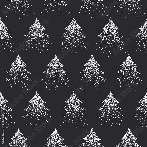 Christmas tree snow cover. Snowflakes sprinkles background. Particles with halftone effect. Confetti scatter seamless pattern.