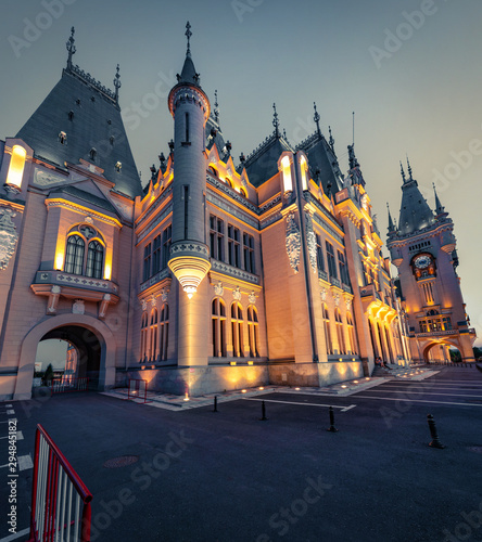 Wonderful night view of Cultural Palace Iasi. Great summer cityscape of Iasi town, capital of Moldavia region, Romania, Europe. Architecture traveling background.
