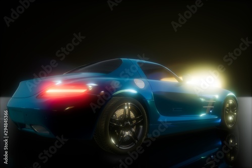 luxury sport car in dark studio with bright lights © icetray