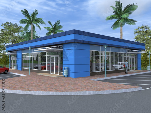 Grocery store. Architectural project. The building at the crossroads.3d image.
