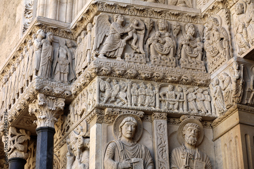 Details of the west portal Saint Trophime Cathedral in Arles, France. Bouches-du-Rhone, France