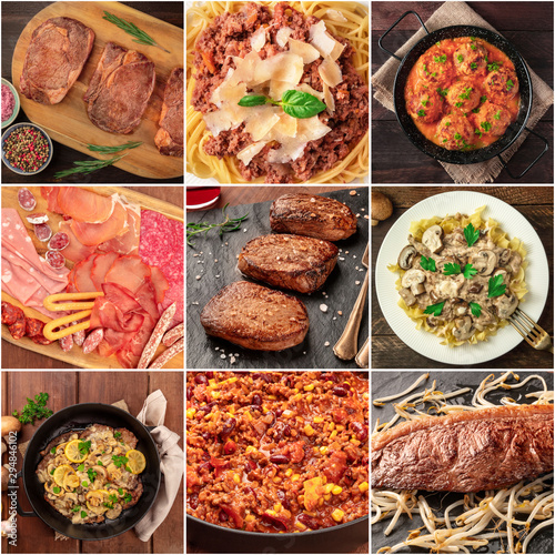 Food Collage. Many photos of various tasty meat dishes, a square design template for a banner, flyer, or restaurant menu photo