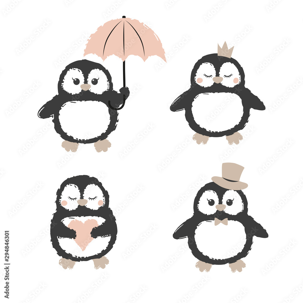 Set of cute cartoon penguins isolated on white. Vector illustration for kids. Set of cute cartoon penguins isolated on white. Vector illustration for kids.