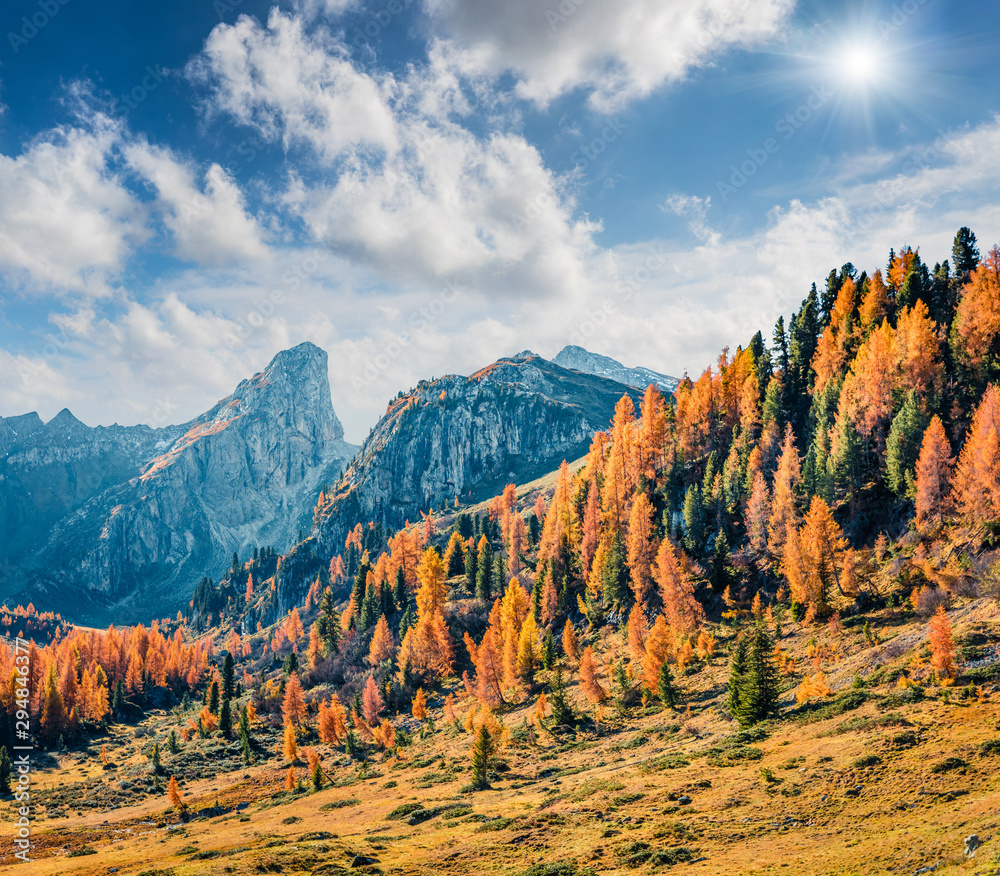 Picturesque morning view from the top of Giau pass. Colorful autumn landscape in Dolomite Alps, Cortina d'Ampezzo location, Italy, Europe. Beauty of nature concept background. Picturesque morning view from the top of Giau pass. Colorful autumn landscape in Dolomite Alps, Cortina d'Ampezzo location, Italy, Europe. Beauty of nature concept background.