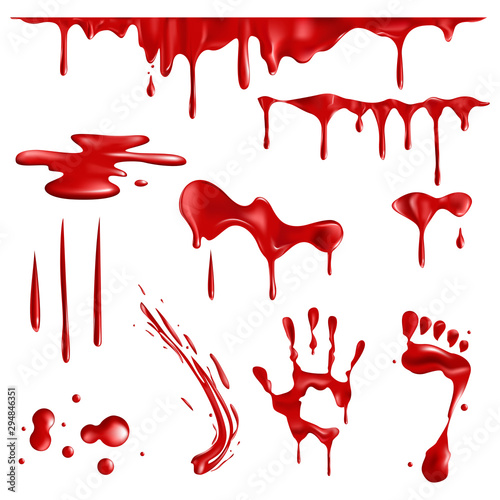 A collection of realistic blood smear stains. Drops and splashes of blood. Halloween concept red splashes and spots. Bloody hand and footprints