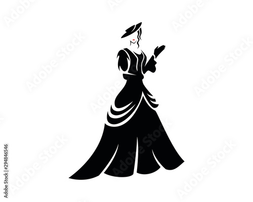 Old Fashion with a Lady Dressed Victorian Dress Silhouette