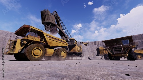 quarry dump trucks work, 3D illustration