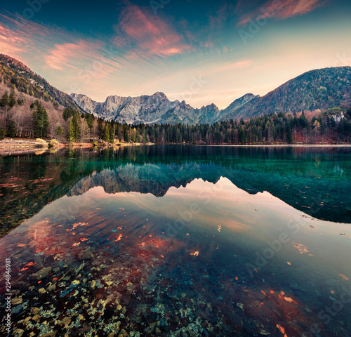 Canvas Print Great morning view of Fusine lake