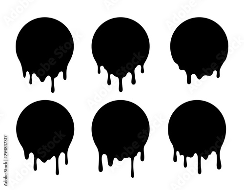 Melted circle lable. Dripping paint design set. Liquid vector signs.