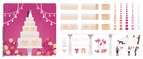 Wedding cake for ceremony, bride, groom figurines, cream, frosting construction set, special day party creation, decoration elements to build own design. Cartoon flat style infographic illustration