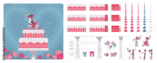 Two layer wedding cake with cute topper figures construction set, cream, frosting for special day party creation, decoration elements to build own design. Cartoon flat style infographic illustration