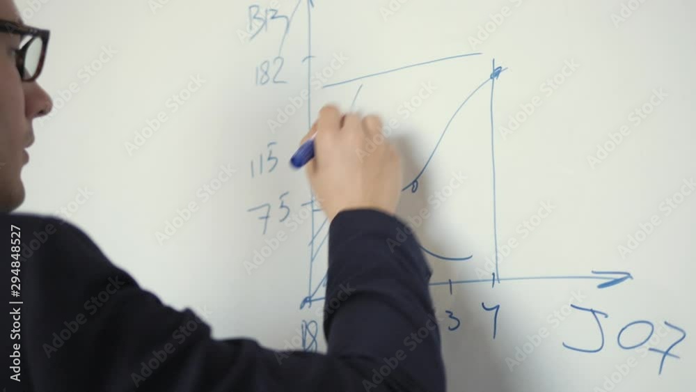 The businessman drawing blueprints on board at the office. Slow motion.