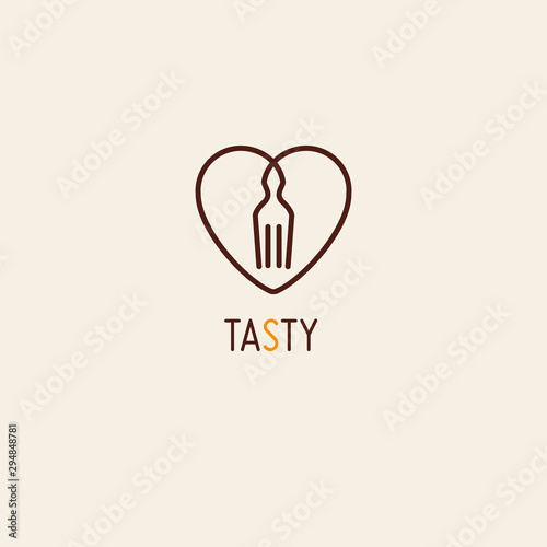 Simple vector logo in a modern style. Fork and heart-shaped. Minimalist line art style. Logo design template for food or restaurant.